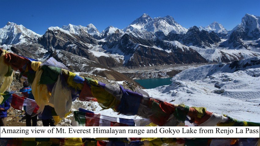 Amazing view of mount Everest Himalayan range and Gokyo Lake from Renjo La Pass